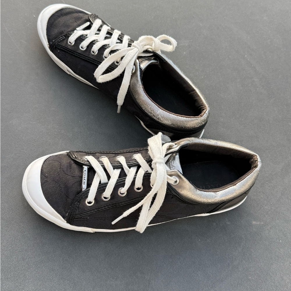 Coach Francesca lace-up sneakers in black metallic silver/pewter trim 9.5